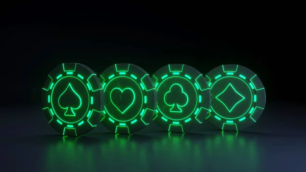 Casino Chips Concept Avec Des Feux Verts Fluo Lumineux Sur — Photo