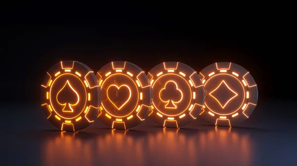 Casino Chips Concept Met Gloeiende Neon Oranje Lampjes Zwarte Achtergrond — Stockfoto