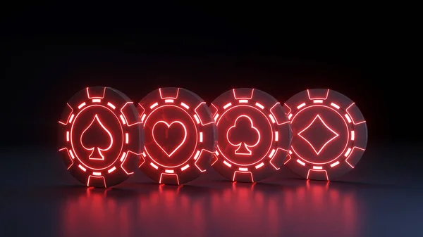 Casino Chips Concept Met Gloeiende Neon Rode Lampjes Zwarte Achtergrond — Stockfoto
