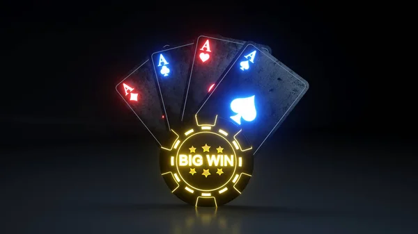 Casino Poker Tarjetas Big Win Concepto Con Brillantes Luces Neón — Foto de Stock