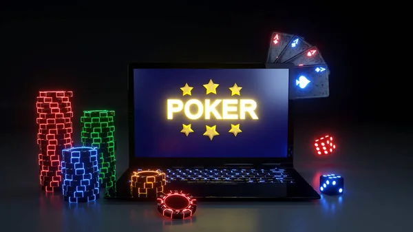 在线扑克赌博概念与发光霓虹灯 扑克牌和扑克芯片隔离在黑色背景 — 图库照片