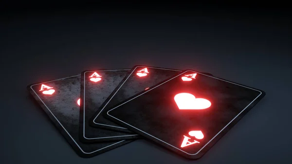 Conceito Cartões Poker Jogo Cassino Com Neon Vermelho Brilhante Isolado — Fotografia de Stock