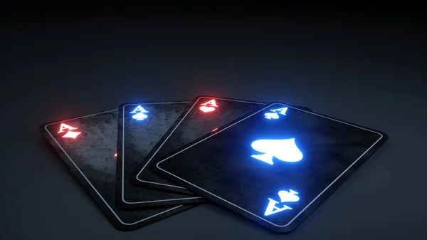 黒い背景に孤立した輝くネオンを持つポーカーカードのコンセプト — ストック写真