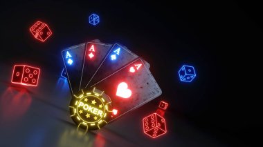 Casino Kumar Poker Kartları ve Dices Kavramı Siyah Arka Plan Üzerinde İzole Parlayan Neon Işıklar ile