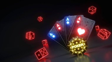 Casino Kumar Poker Kartları ve Dices Kavramı Parlayan Neon Kırmızı Işıklar Siyah Arka Plan Üzerinde Izole ile