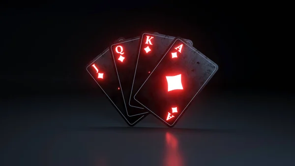 钻石扑克牌堆栈与红色霓虹灯隔离在黑色背景 — 图库照片