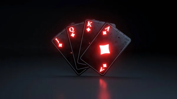 Diamantes Jugando Las Cartas Con Luces Neón Rojas Aisladas Fondo — Foto de Stock