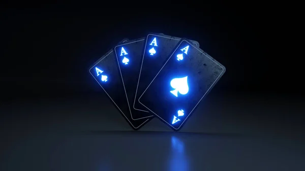 四个黑桃王牌扑克牌与发光霓虹灯隔离在黑色背景 — 图库照片