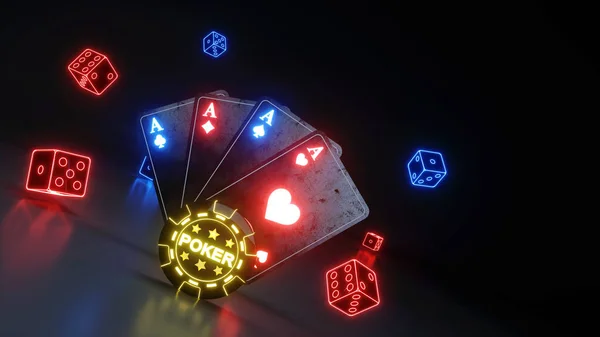 黒い背景に隔離された輝くネオンライトを持つカジノギャンブルポーカーカードとダイスコンセプト — ストック写真