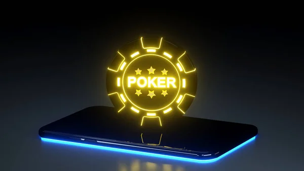 赌场赌博芯片概念和智能手机与发光霓虹灯隔离在黑色背景 — 图库照片