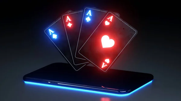 Aces Playing Cards Smart Phone Gambling Concept Neon Lights Isolated — стоковое фото