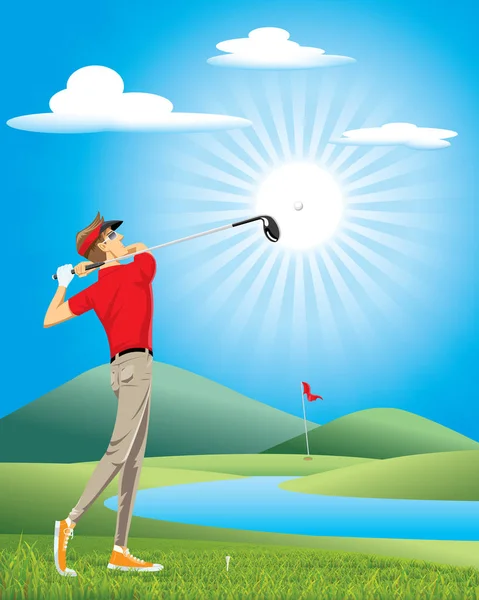 Golfprofi Beim Schlag Auf Einen Golfball Auf Dem Grünen Platz — Stockvektor