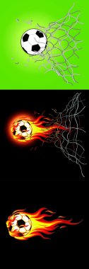 Football breaking through the net of the goal. clipart