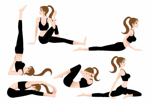 Cartoon Female Yoga Trainer memungkinkan Anda untuk bermain yoga sendiri . - Stok Vektor