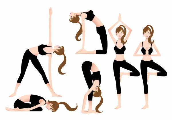 Entrenador de Yoga Femenino de Dibujos Animados Te Permite jugar yoga por tu cuenta . — Archivo Imágenes Vectoriales