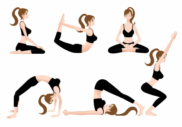 Мультфільм Жіночий тренер йоги Дозволяє грати йогу самостійно . — стоковий вектор