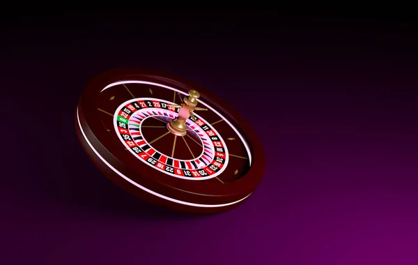White casino roulette wheel isolated on violet background. The ball on the roulette. 3d rendering illustration.