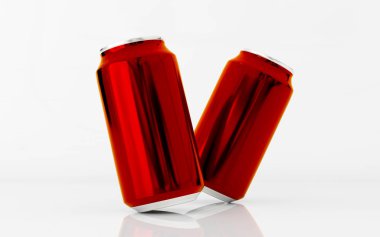 Beyaz arka planda iki kırmızı parlak içecek şişesi. 3B işleme.