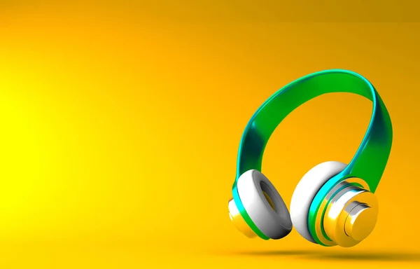 Green headphones on a yellow background. Music. 3d rendering.