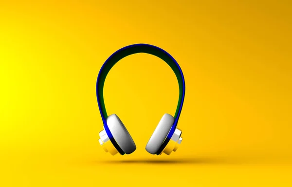 Blue headphones on a yellow background. Music. 3d rendering.
