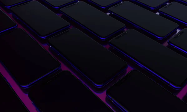 紫色の背景に青い携帯電話からの構成 スマート フォン 技術的な背景 レンダリング — ストック写真