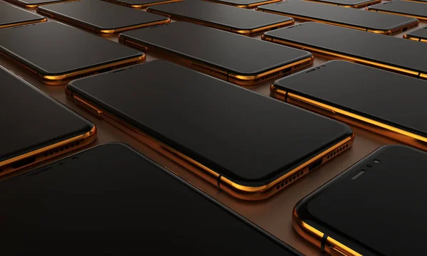 Altın Arka Planda Cep Telefonları Masada Akıllı Telefonlar Teknolojik Arka — Stok fotoğraf
