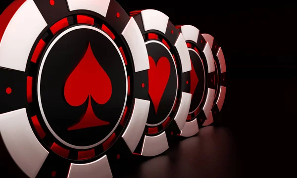 Koyu renkli bir arka planda kırmızı-beyaz kumarhane fişleri. Kumarhane arka planı. 3d render.