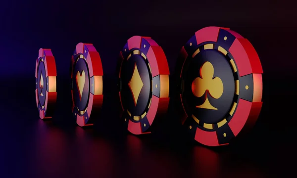 Koyu renkli bir arka planda kırmızı-altın casino fişleri. Kumarhane arka planı. 3d render.