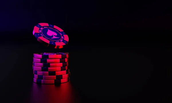 Koyu renkli bir arka planda mavi-kırmızı kumarhane fişleri. Bir yığın kumarhane fişi. Kumarhane arka planı. 3d render.
