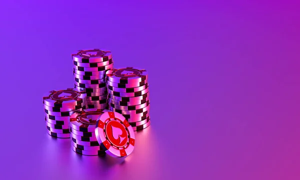 Stacks of casino chips on a purple background. White-red chips. Casino background. 3d rendering.