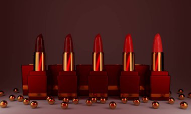 Ruj. Kırmızı arka plan üzerinde Moda Renkli Rujlar. Ruj renk paleti, Profesyonel Makyaj ve Güzellik. Güzel makyaj konsepti. Lipgloss' ı. Rujlar yakın çekim. 3d render.