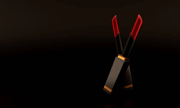 Siyah arka planda ruj izi var. Ruj masanın üzerinde duruyor. Kozmetik. 3d oluşturma.