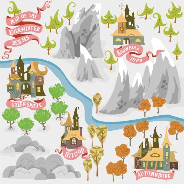 Fairy tale fantasy map builder set of Everwinter Realm and City states in colorfule vector illustrations clipart