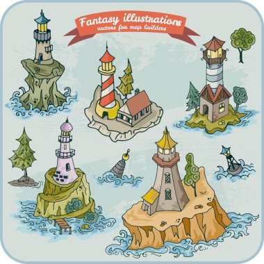 Fantasy illustration of Lighthouses for map building in hand draw vector format clipart