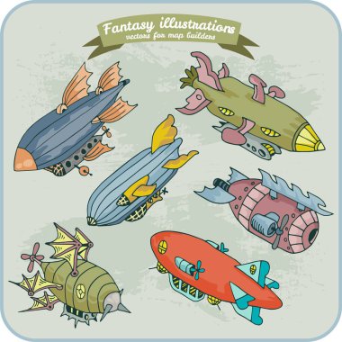 Fantasy illustration of Zeppelin for map building in hand draw vector format clipart