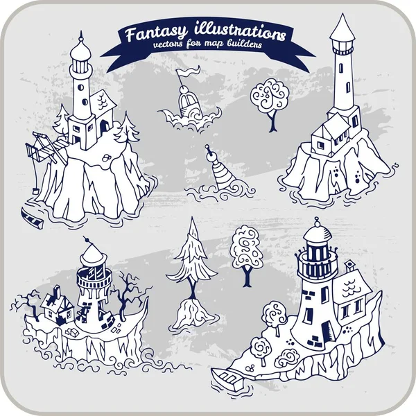 Fantasy Illustration Lighthouses Map Building Hand Draw Vector Format — Stock Vector