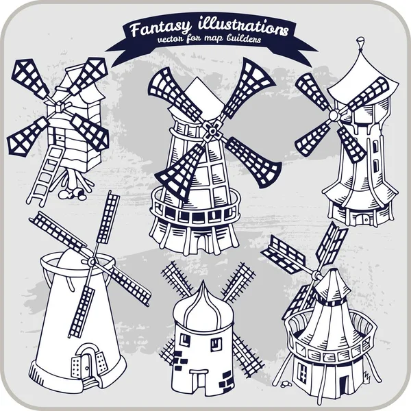 Fantasie Illustration Der Windmühle Für Den Kartenaufbau Hand Zeichnen Vektorformat — Stockvektor