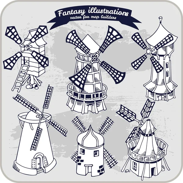 Fantasy Ilustrace Windmill Pro Mapu Budov Ručním Kreslení Vektorového Formátu — Stockový vektor