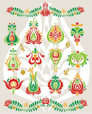 Doğu Avrupa etnik halk moda dekor tarzı set Macar çiçek vektör süsleme