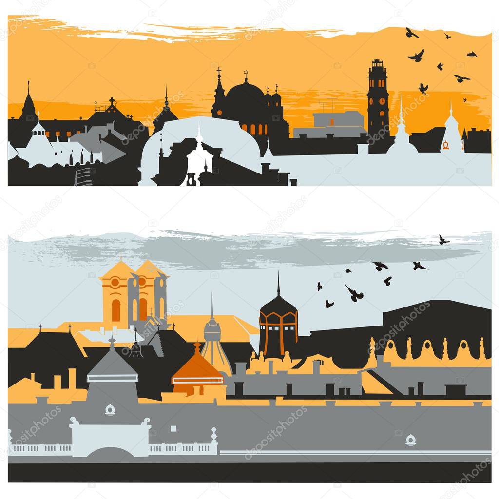 City silhouette of european town with classic buildings, towers and churches colorful vector illustration
