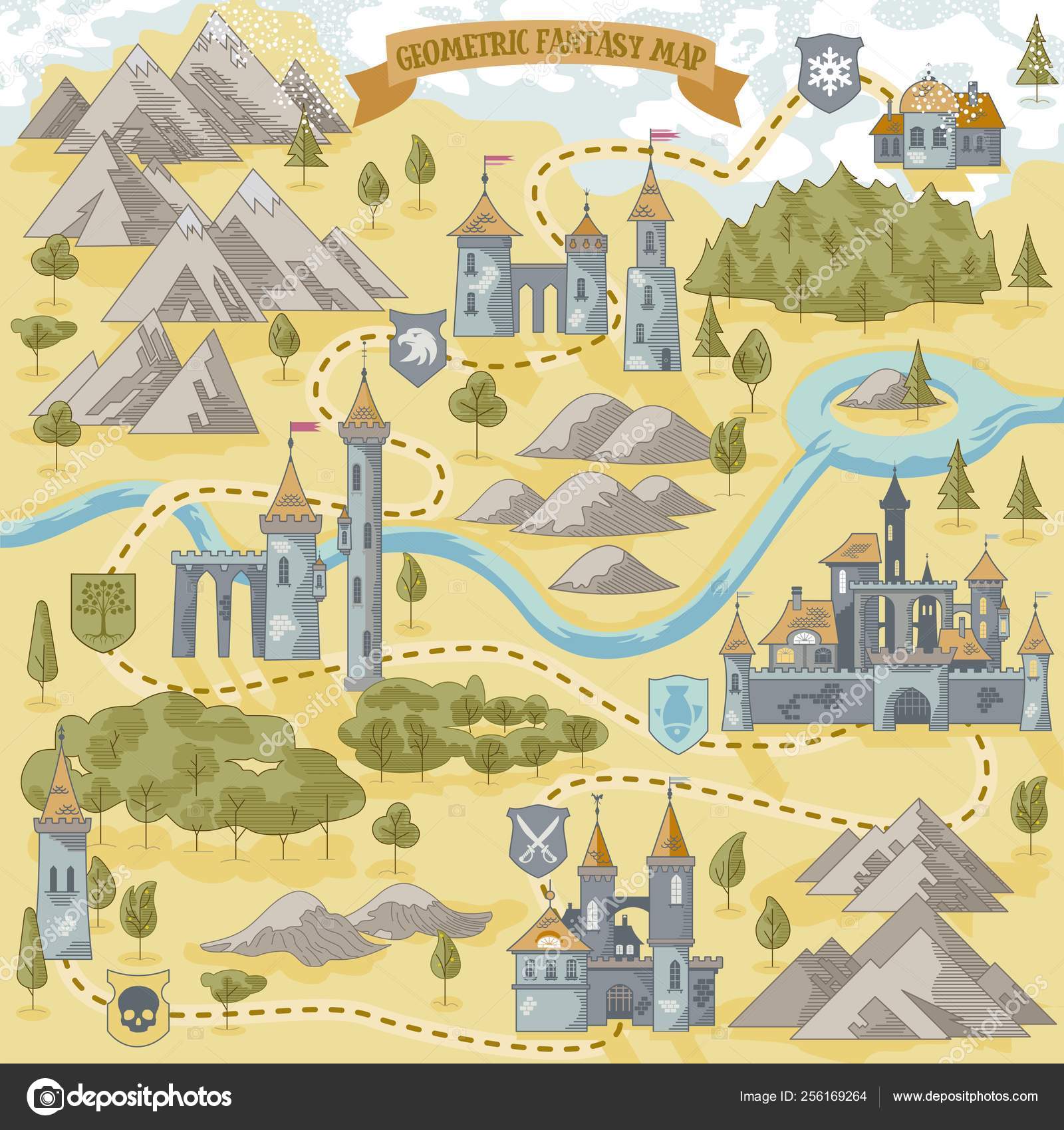 Fantasia Aventura Mapa Simples Elementos Estilo Arte Linha Geométrica  Formato Vetor de ©qpiii 256169264, image size:1600x1700