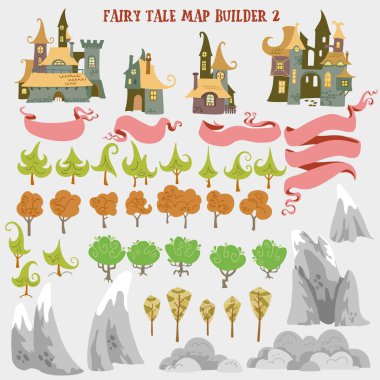 Fairy tale fantasy map builder set of Everwinter Realm and City states in colorfule vector illustrations clipart