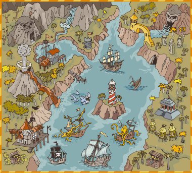 Renkli Illustration ve Mystery Realm el beraberlik fantezi korsan koy vektör harita elemanları