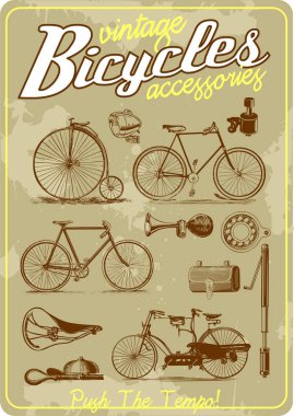 Retro eski poster tarzı bisiklet ve aksesuarlar Vintage vektör illüstrasyon koleksiyonu