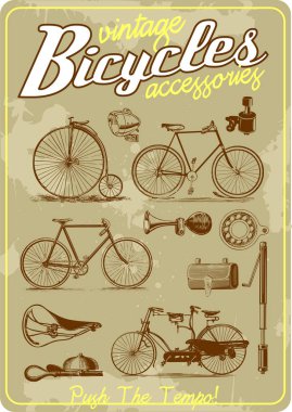 Bicycle and accessories vintage vector illustration collection in retro old poster style clipart
