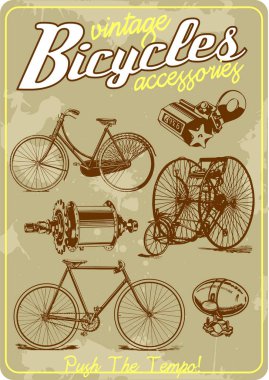 Retro eski poster tarzı bisiklet ve aksesuarlar Vintage vektör illüstrasyon koleksiyonu