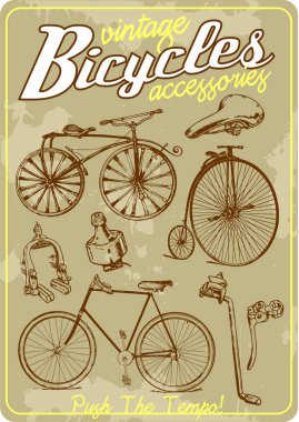 Bicycle and accessories vintage vector illustration collection in retro old poster style clipart
