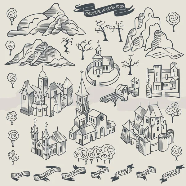 Mapa Medieval Elementos Grabado Xilografía Vectorial Estilo Xilografía Ilustración — Vector de stock