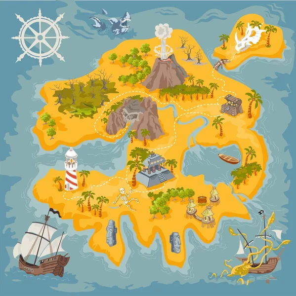 Elementos Mapa Vetorial Baía Pirata Fantasia Ilustração Colorida Desenho Manual — Vetor de Stock