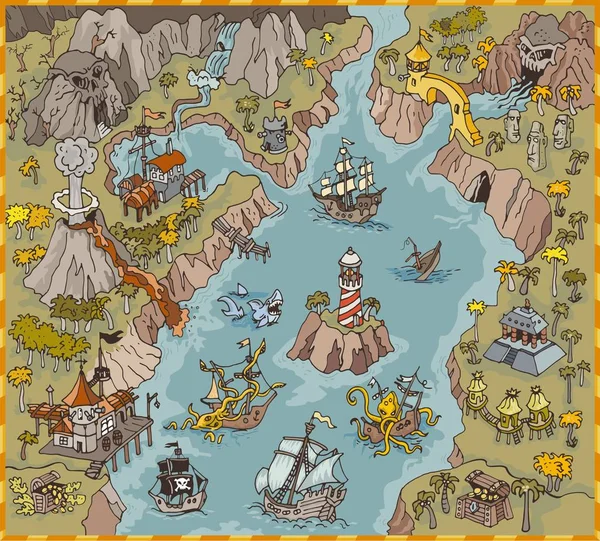 Векторні Елементи Карти Фентезі Піратської Бухти Барвистій Ілюстрації Малюнок Рук — стоковий вектор